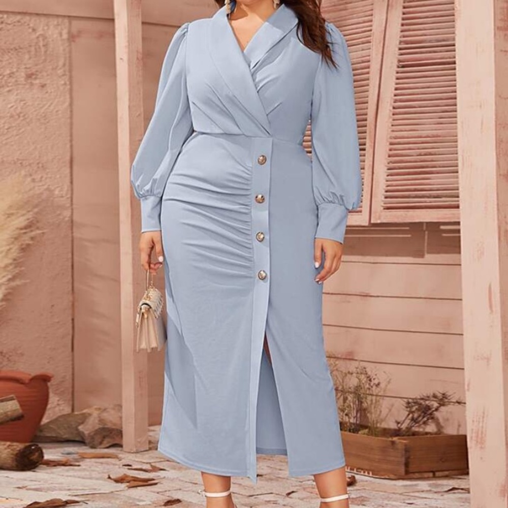 Plus Shawl Collar Long Sleeve Fitted Dress